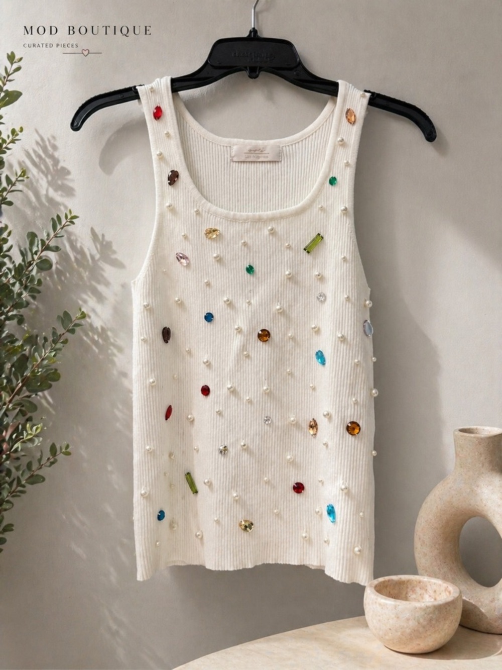 Embellished Ivory Ribbed Tank with Multicolor Gems